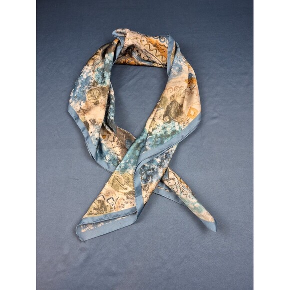 Vtg Women's Scarf Silk Blue Floral Brown Urn Pattern Square 34x34 Retro Chic‎ - Picture 1 of 9